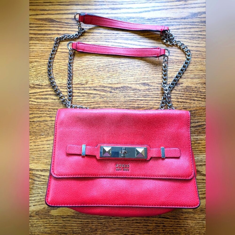 Guess Double Strap Red Leather Crossbody Flap Purse/ handbag-Good Condition